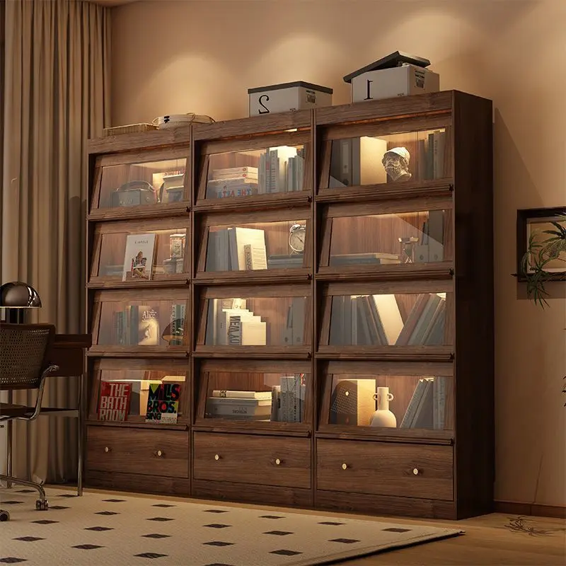 玻璃门书柜家用原木色展示柜北欧自由组合落地书橱翻门书架小立柜