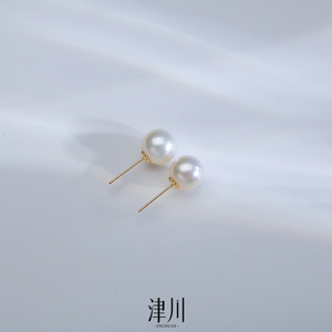 18K金 日常百搭 淡水珍珠素耳钉 正圆 极强光7-8MM