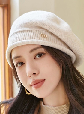 灰色针织毛线贝雷帽女秋冬季日系显脸小画家帽大头围保暖蓓蕾帽子