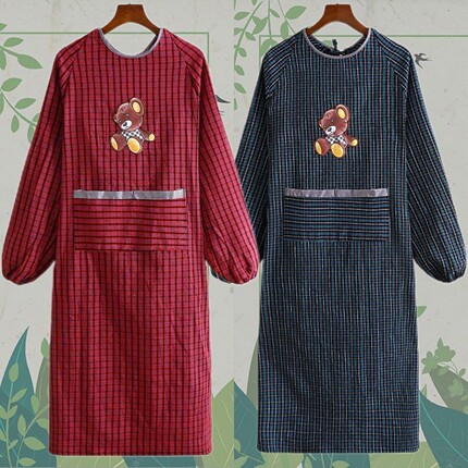 老粗布长袖围裙耐磨上班罩衣女男士家用厨房加肥大人工作服反穿衣