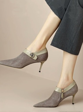 灰色尖头细跟深口单鞋女2025秋冬季法式7cm高跟百搭齐踝靴高跟鞋