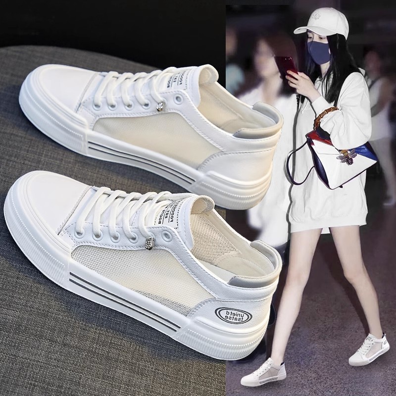 真皮网眼透气白色女鞋2025夏季新款k型多用途平底鞋板鞋