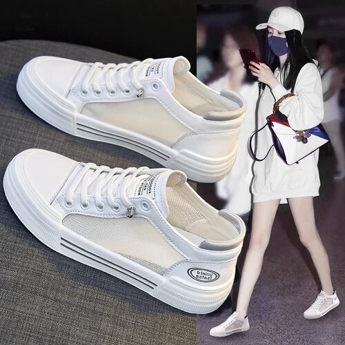 真皮网眼透气白色女鞋2025夏季新款k型多用途平底鞋板鞋