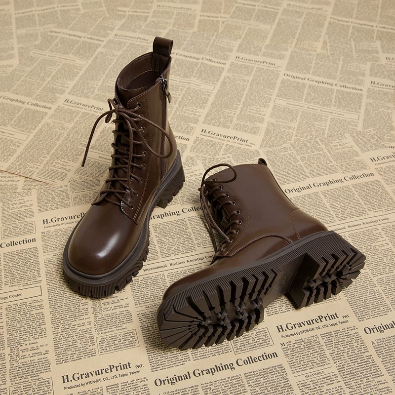 英伦风马丁靴女2025年新款秋冬季加绒爆款棕色单靴厚底小短1030u