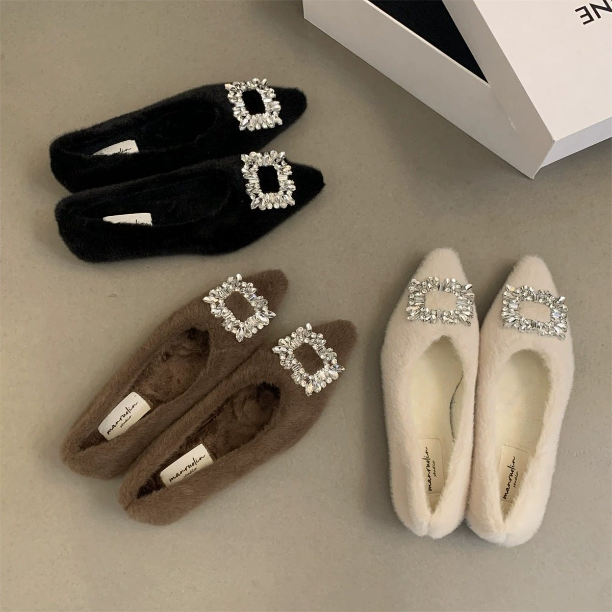 平底尖头毛毛鞋女2025年秋冬季外穿新款韩版气质单鞋加绒豆豆鞋子,女鞋,浅口单鞋,淘宝优惠券,粉丝福利购,淘宝优惠卷