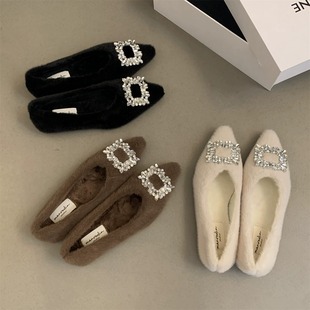 平底尖头毛毛鞋女2025年秋冬季外穿新款韩版气质单鞋加绒豆豆鞋子