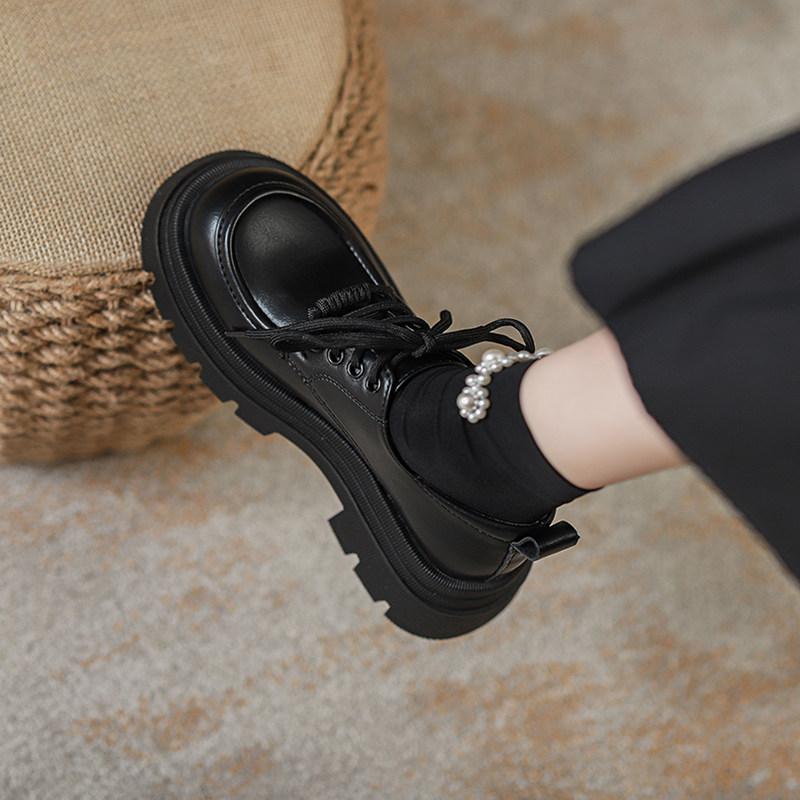 真皮系带乐福鞋女2025年新款春秋季黑色单鞋厚底百搭英伦风小皮鞋,女鞋,浅口单鞋,淘宝优惠券,粉丝福利购,淘宝优惠卷