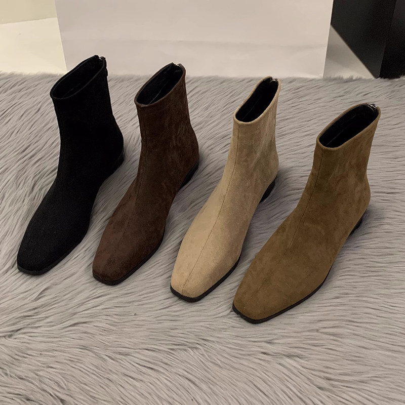 粗跟绒面韩系小踝靴女2025年新款秋冬季百搭加绒瘦瘦靴洋气短靴子