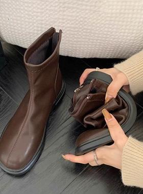 真皮平底短靴女英伦风百搭2025秋冬季新款韩版瘦瘦靴软皮马丁靴子
