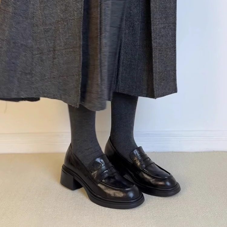 覆古一脚蹬圆头粗跟乐福鞋女2025年秋冬季新款百搭休闲单鞋小皮鞋,女鞋,浅口单鞋,淘宝优惠券,粉丝福利购,淘宝优惠卷