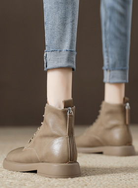 真皮平底马丁靴女2025年秋冬季新款粗跟圆头舒适百搭平底弹力短靴