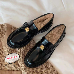 英伦风加绒小皮鞋女2025年秋冬季新款一脚蹬内增高时尚百搭乐福鞋