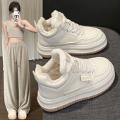 厚底增高百搭运动雪地保暖高筒棉鞋 新款 女2025冬季 真皮加绒小白鞋