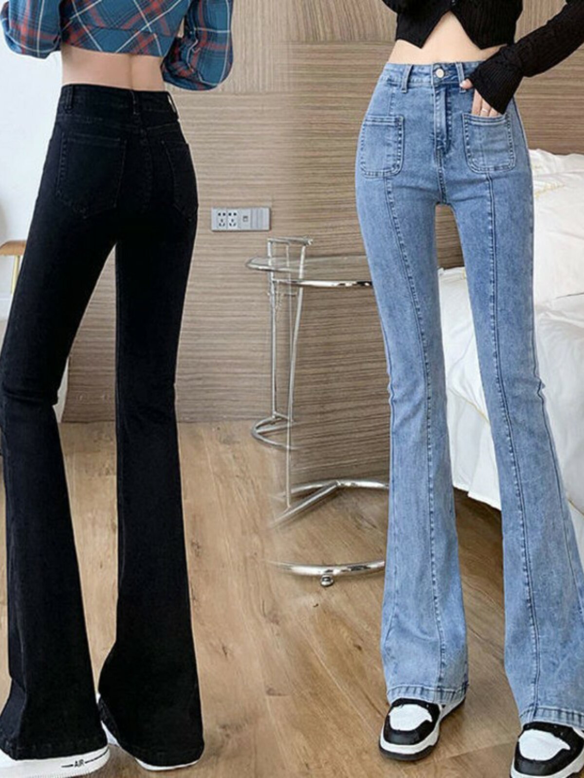 여성을 위한 밝은 컬러의 부츠컷 청바지 하이웨이스트 가을 신축성 플레어 팬츠 타이트한 와이드 레그 슬림 팬츠 예쁘다