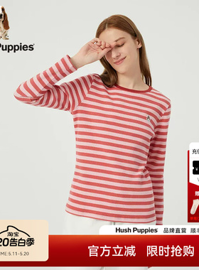 Hush Puppies暇步士女士美式休闲长袖T恤秋季红色条纹圆领衫