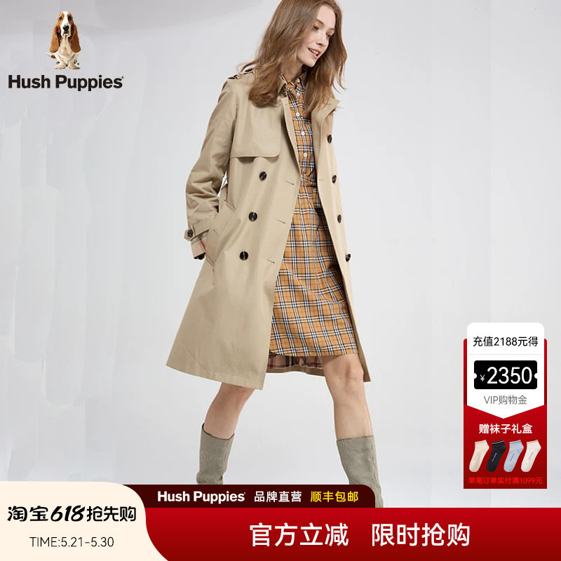 Hush Puppies暇步士女装棉弹混纺舒适透气中长款宽松休闲风衣外套