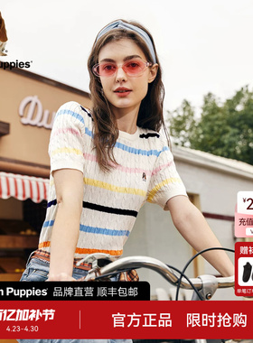 Hush Puppies暇步士女装彩虹条纹修身针织短袖衫夏季显瘦纯棉上衣