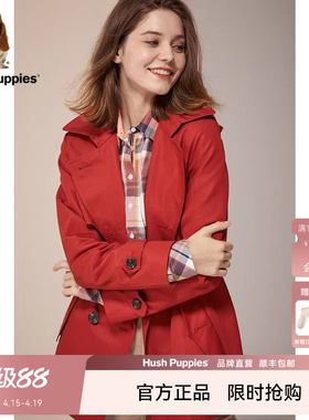 Hush Puppies暇步士女装秋季红色大衣挺括不易皱通勤连帽风衣外套