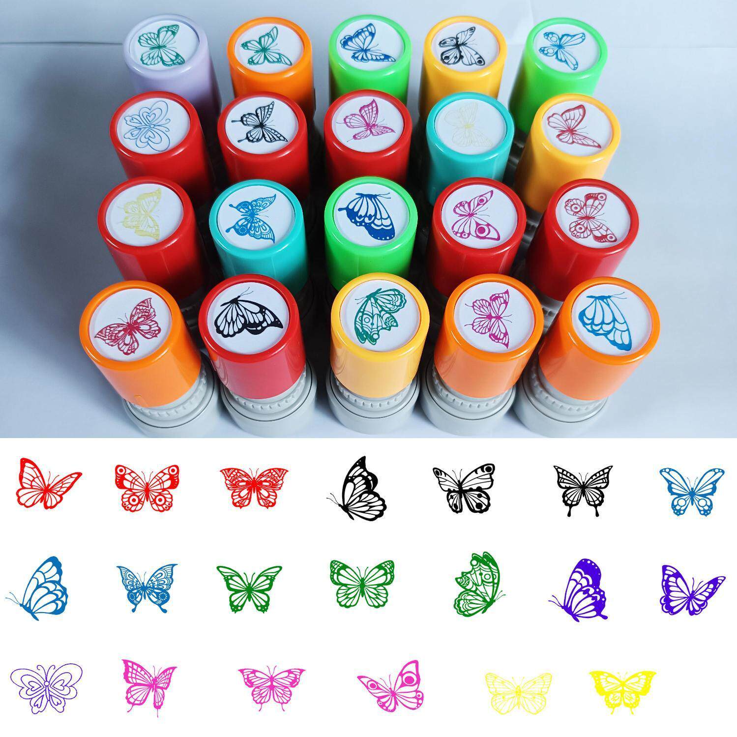 2七彩蝴蝶儿童卡通印章红黄蓝绿紫黑彩色教学大自然可爱奖励盖章