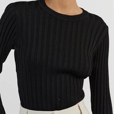 Knitted sweater long sleeved pit stripe bottom top for women