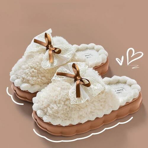 2026 New Women's Plush Slippers - Bow Detail Winter House Sh