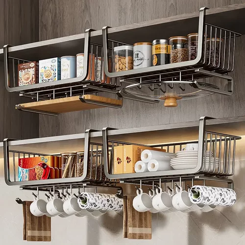 厨房置物架收纳悬挂分层挂篮免打孔橱柜内吊柜下挂篮挂架