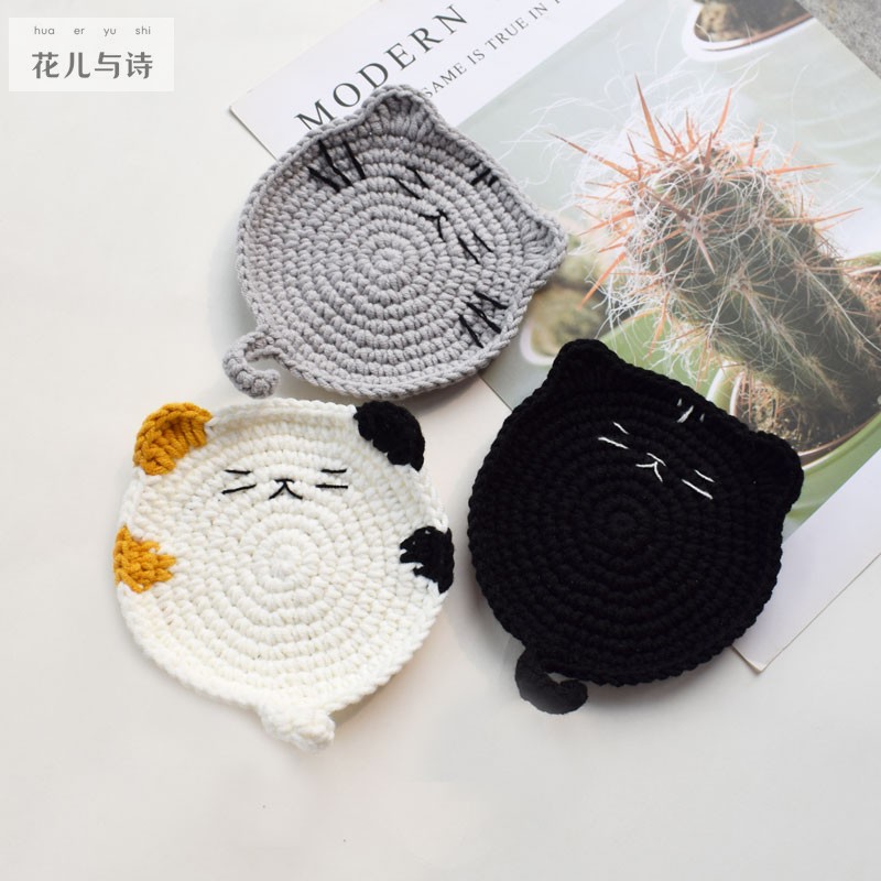 [成品]手工编织卡通猫咪杯垫隔热垫餐垫节日礼品北欧家居装饰花片