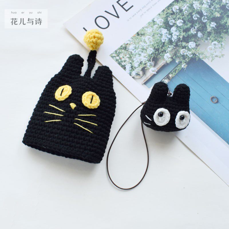 [成品]秋冬新款毛线抽拉绳钥匙包可爱黑猫包挂件卡套创意送人礼物