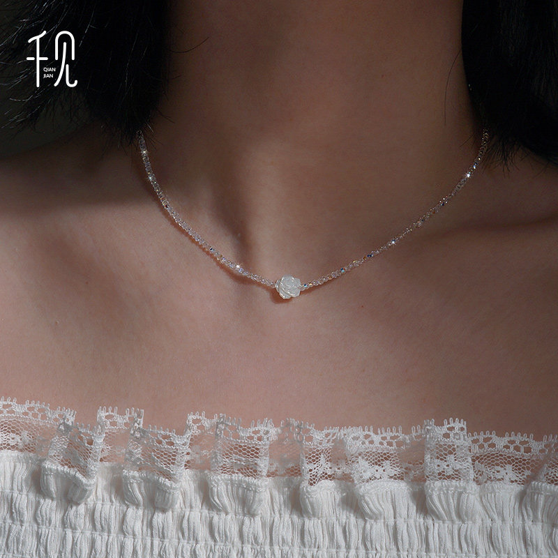 千见/抖音同款施华洛水晶玫瑰贝壳花14K包金锁骨项链人气款高级感