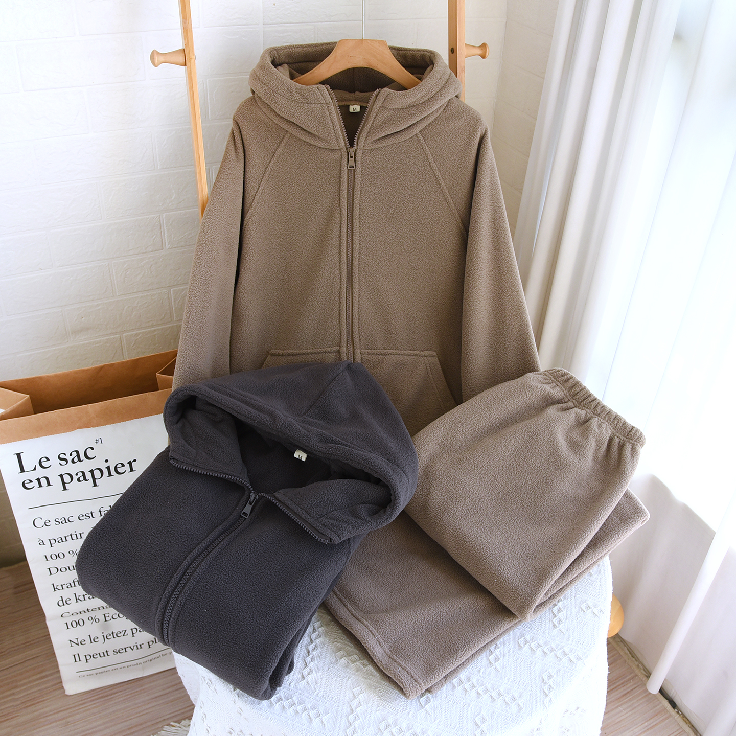 摇粒绒家居服睡衣套装纯色男士