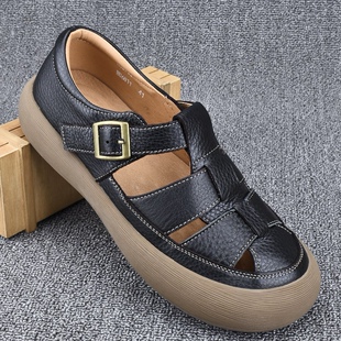 新款夏季头层牛皮皮鞋镂空凉鞋低帮圆头猪笼鞋板鞋废土风男士皮鞋