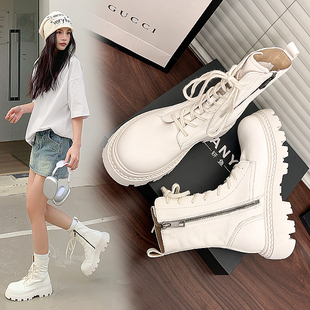 水洗软牛皮马丁靴女款2025新款春季超火短靴厚底真皮春秋白色靴子