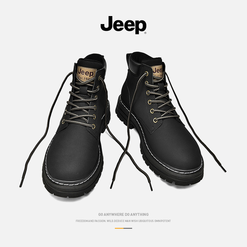 JEEP JEEP AUTUMN MARTIN BOOTS MENS HIGH-TOP MENS BOOTS THICK-SOLED MID-TOP BLACK BRITISH LEATHER CARGO BOOTS