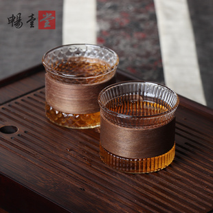 玻璃小茶杯胡桃木套耐热品茗杯家用单个喝茶小杯子功夫茶具日式