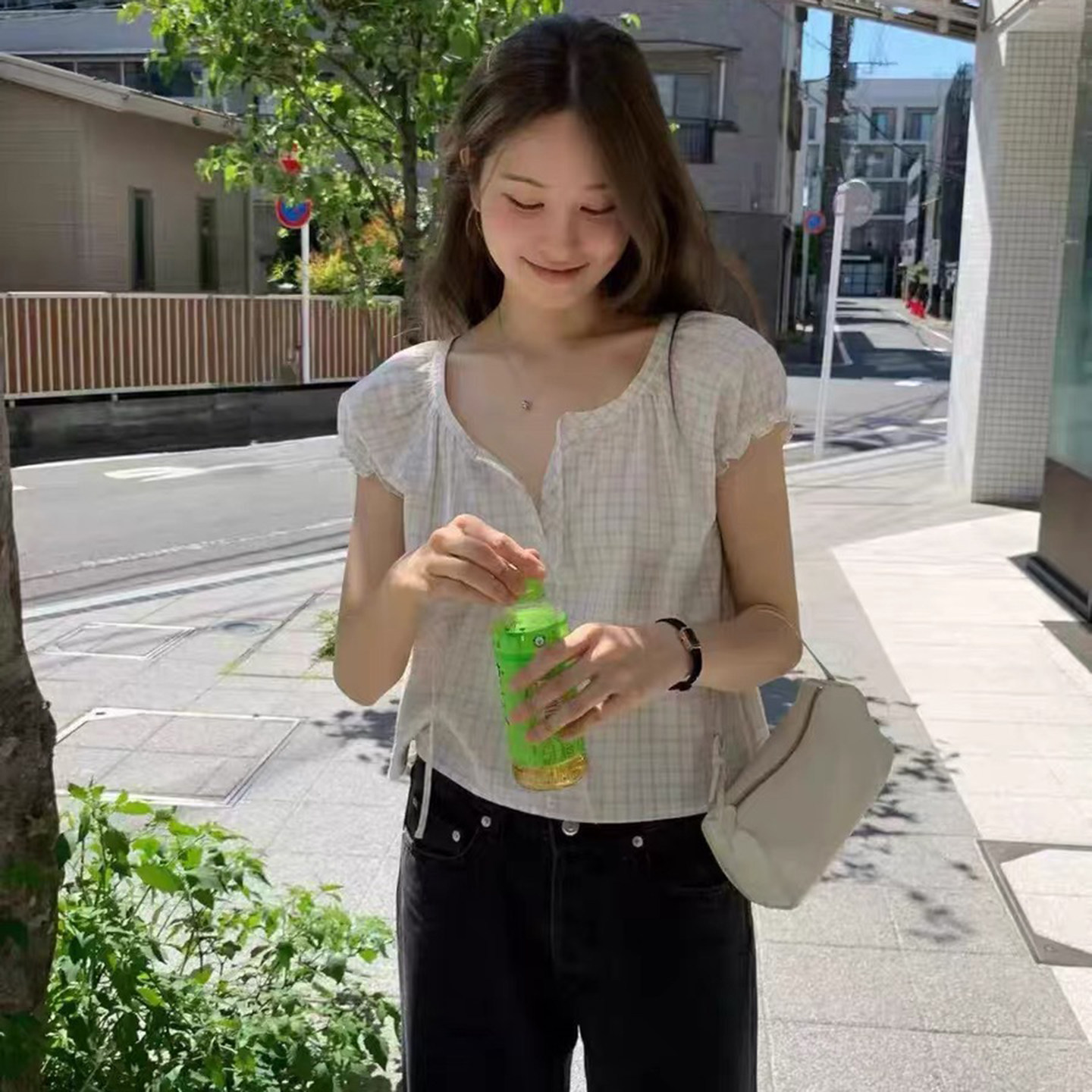 韩国OUNCE宽松圆领格子短袖衬衫
