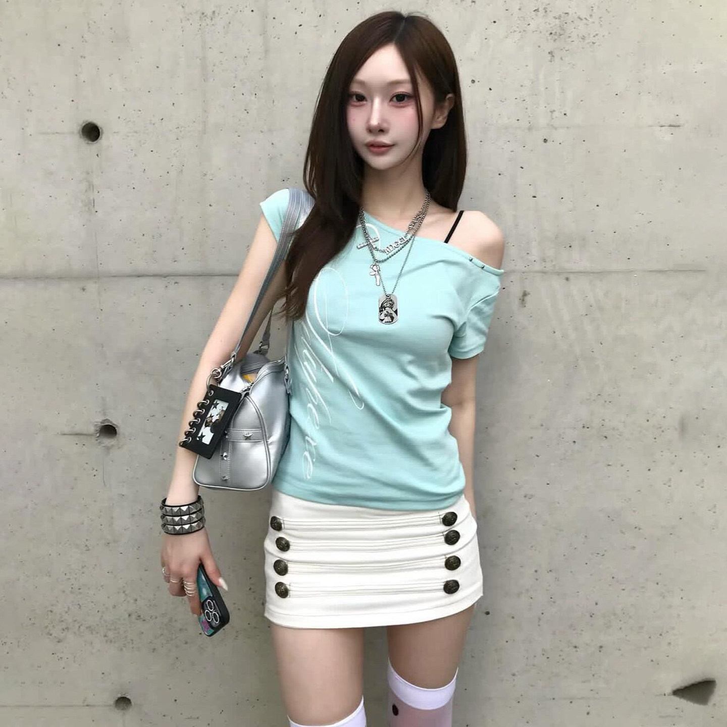 韩国setupexe斜领露肩短袖T恤女