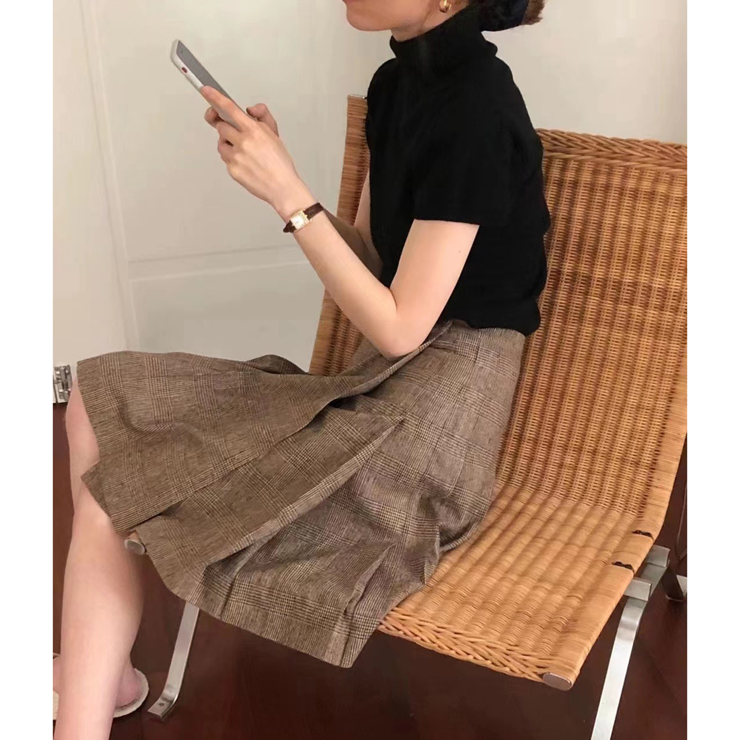 韩国ounce格纹百褶半身裙女