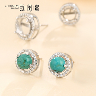 S925純銀耳釘空托女 網(wǎng)紅氣質(zhì)簡約鑲嵌琥珀蜜蠟圓形耳環(huán)耳墜空托