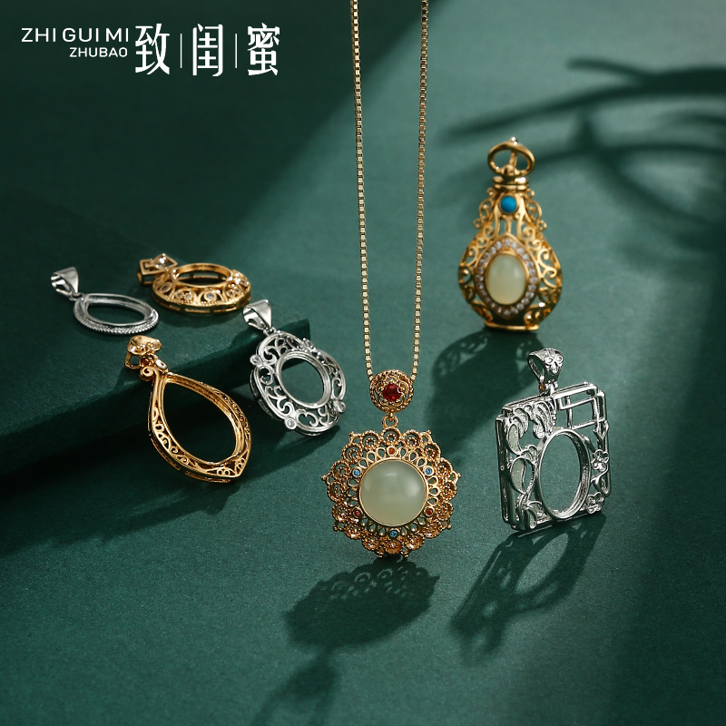 网红日韩椭圆形吊坠空托女配件diy翡翠蜜蜡琥珀18K黄金吊坠托配饰
