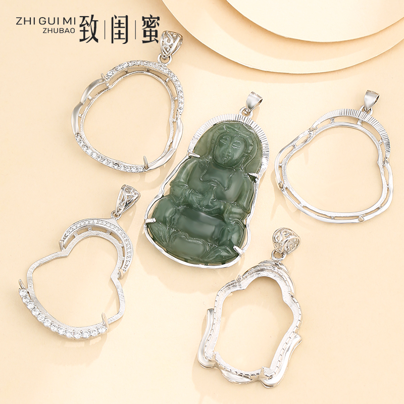 s925纯银佛公吊坠空托手工镶翡翠站佛观音银托项坠托定制银包边托