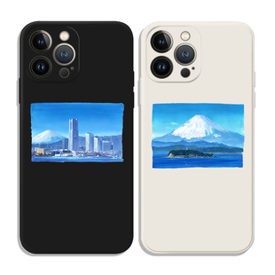 日本都市富士山海景水彩插画适用iPhone17Promax防摔16pro软壳15/14plus苹果13mini手机壳12/11