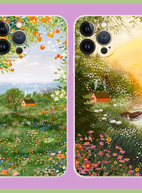 绿色春天爱之屋自然风景插画适用iPhone XS Max苹果16软壳15pro/14手机壳678plus