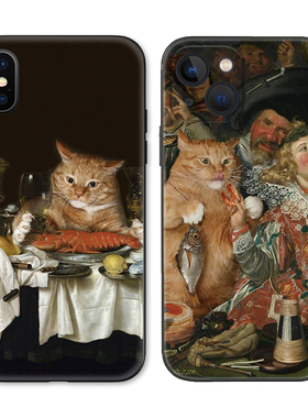 世界名画橘猫美食龙虾油画适用iPhone XS Max苹果17防摔16软壳14/15pro手机壳678plus