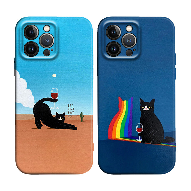 彩虹喝红酒猫咪艺术油画适用iPhone16Pro防摔17promax软壳15plus/14苹果13mini手机壳12/11