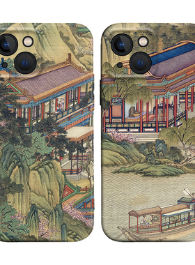 中国风建筑皇家园林国画工笔画适用iPhone XS Max苹果16软壳15pro/14手机壳678plus