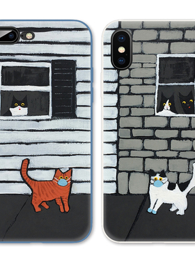 ins风戴口罩的猫咪可爱情侣适用iPhone XS Max手机壳X苹果XR/678p