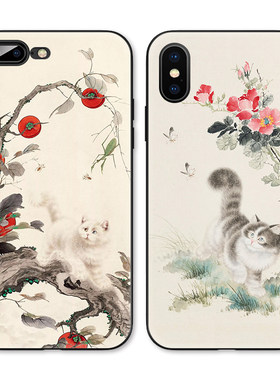 中国风古典文艺猫咪黑白猫适用iPhoneXS Max手机壳X苹果XR/8p/7/6
