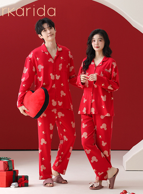 clarkarida纯棉红色情侣睡衣女春秋新款新婚结婚男士家居服套装