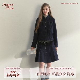 百褶裙学院套装 SunsetPark日落公园 复古娃娃领彩点牛仔夹棉外套