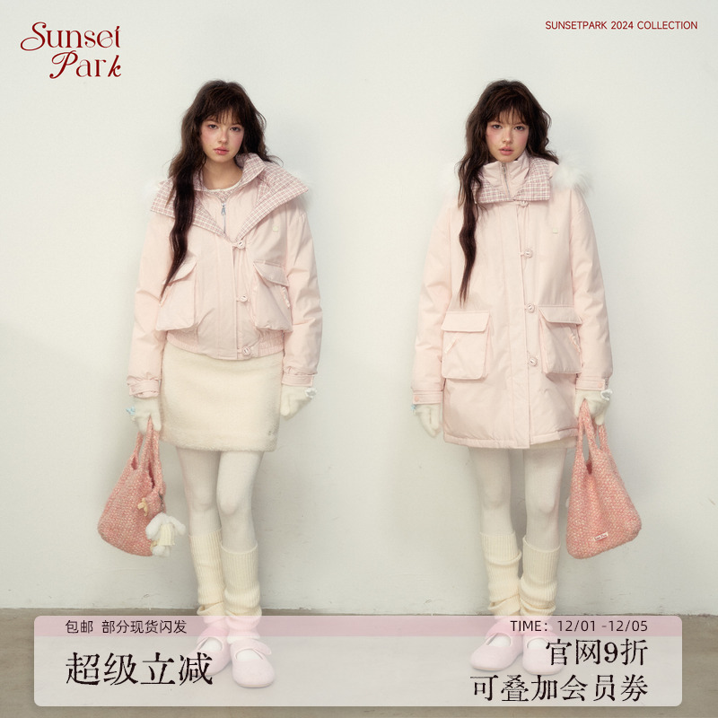 SunsetPark奶粉格纹派克羽绒服